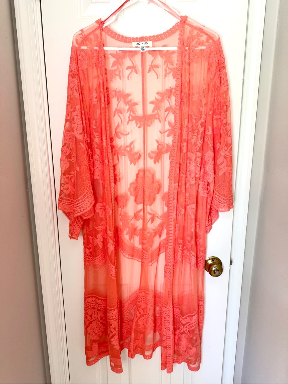She + Sky, Bright Coral, Lace, Kimono, Floral, Long, Embroidered, Size M/L